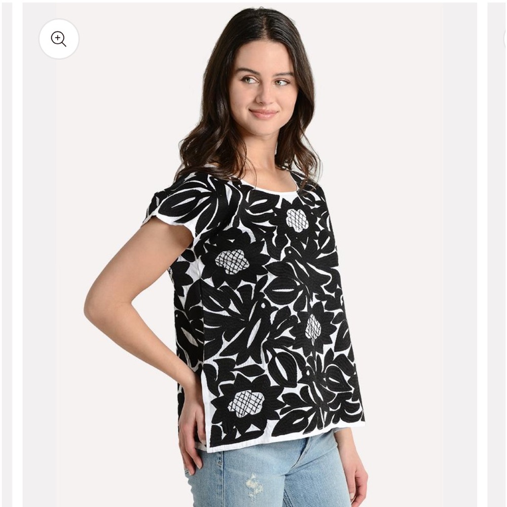 J.Marie The Mia Top Embroidered Black & White Floral Short Sleeve Boho Blouse XS